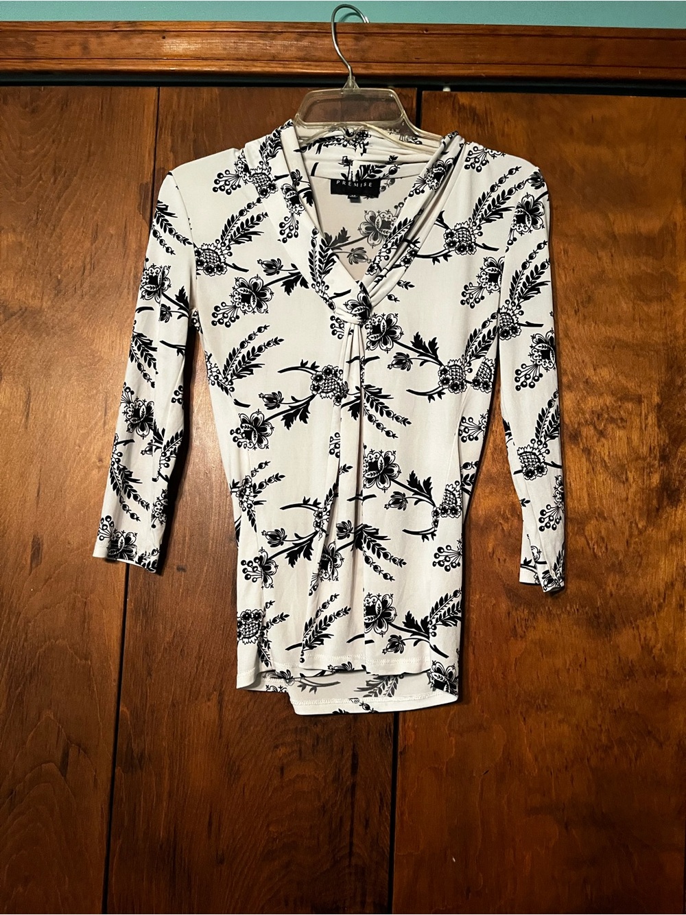 Premise Black & White Floral Mock Tie-Neck Blouse